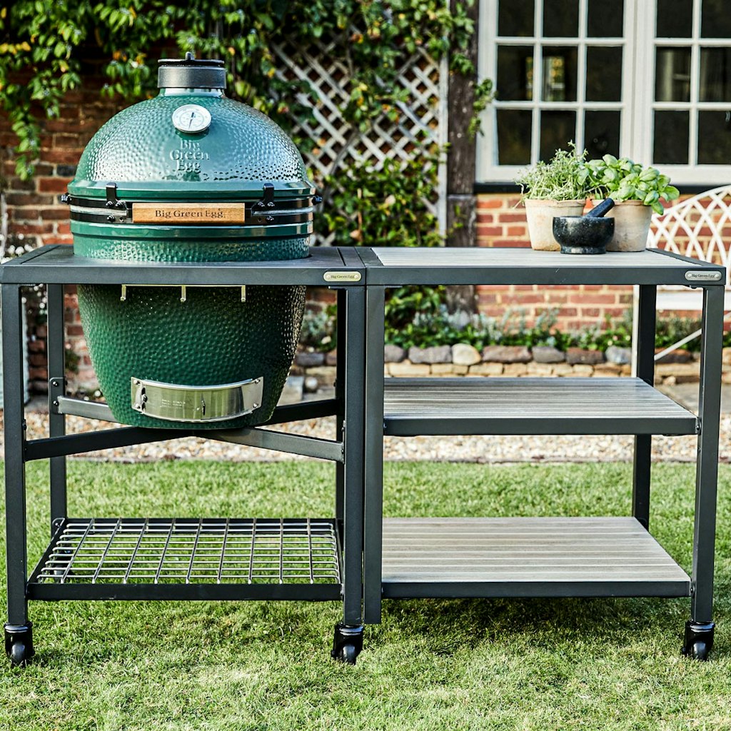 Big Green Egg Modular Nest + Expansion Frame + Distressed Acacia Shelves