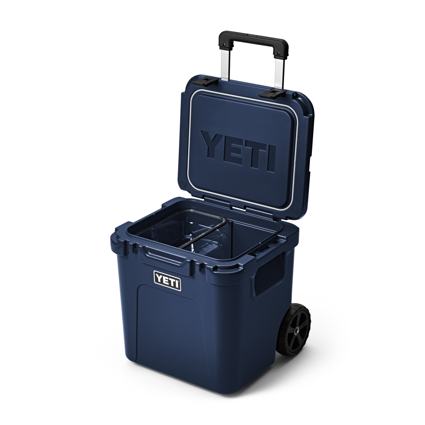 YETI Roadie 48 Wheeled Cool Box in navy with lid open