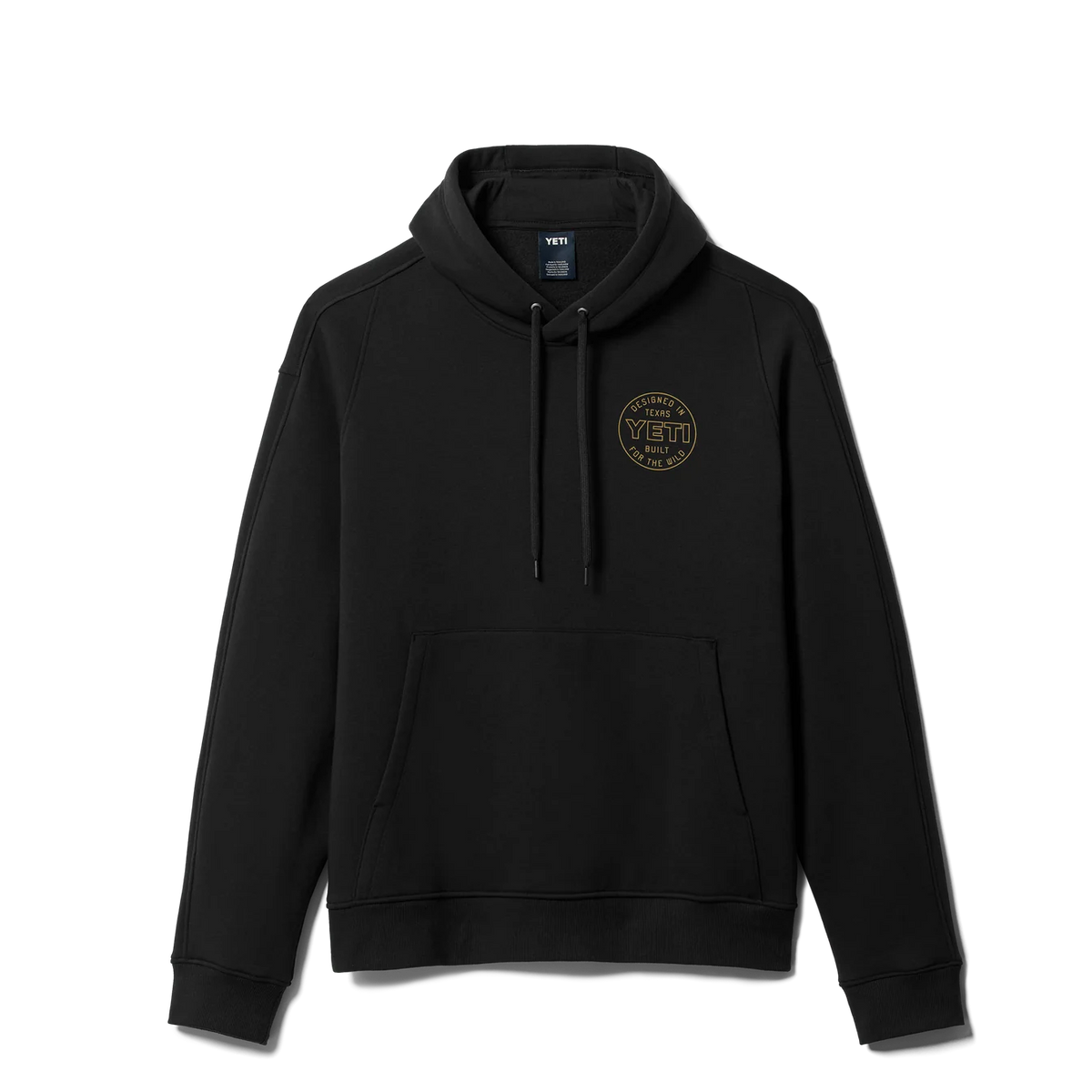 A black pullover hoodie with a kangaroo pocket and drawstrings, featuring a circular gold YETI logo on the left chest, displayed on a clean white background.