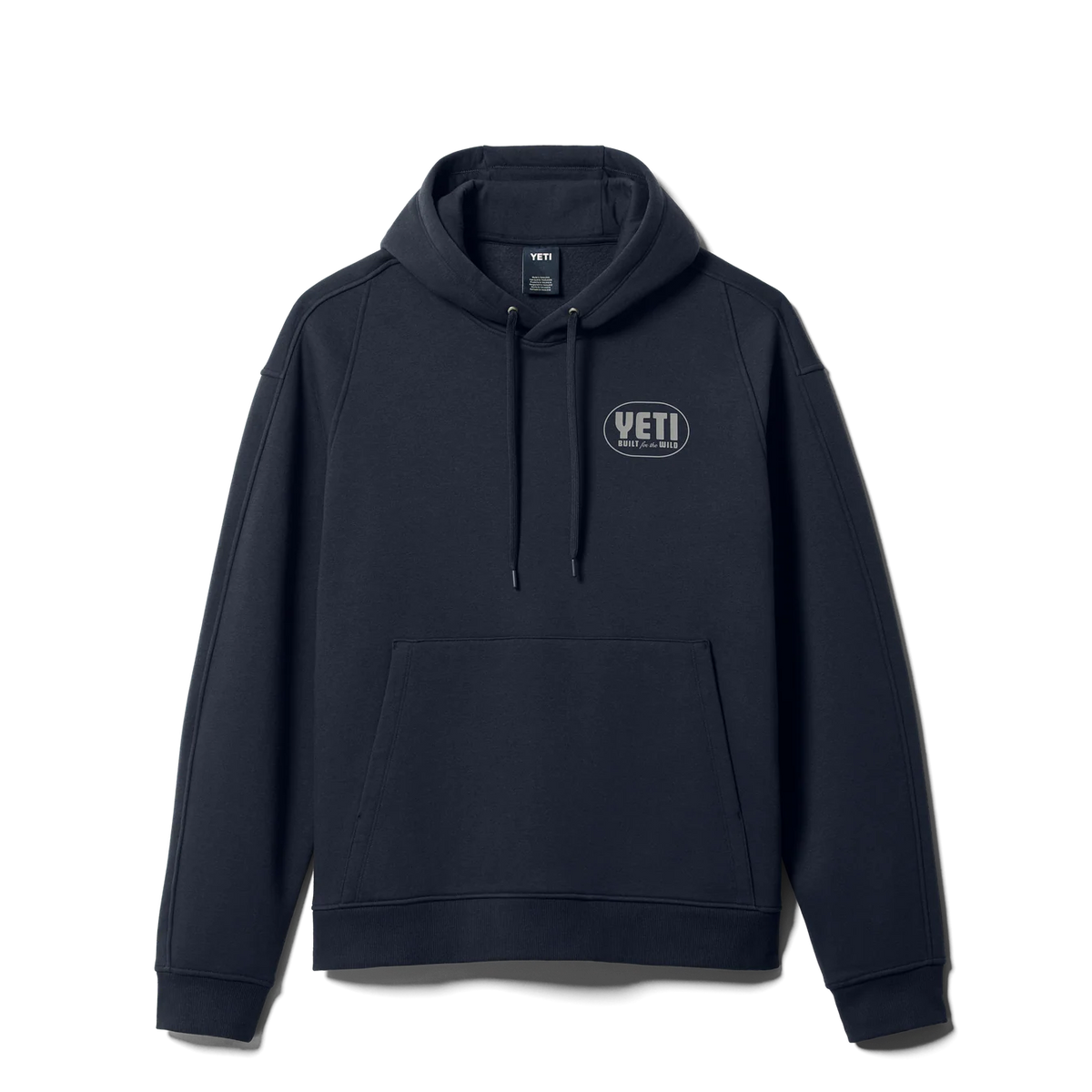 A dark navy blue pullover hoodie with a drawstring hood, kangaroo pocket, and a small oval YETI logo on the left chest, displayed on a clean white background.