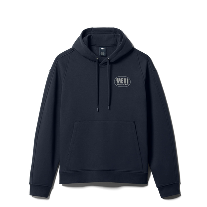 A dark navy blue pullover hoodie with a drawstring hood, kangaroo pocket, and a small oval YETI logo on the left chest, displayed on a clean white background.