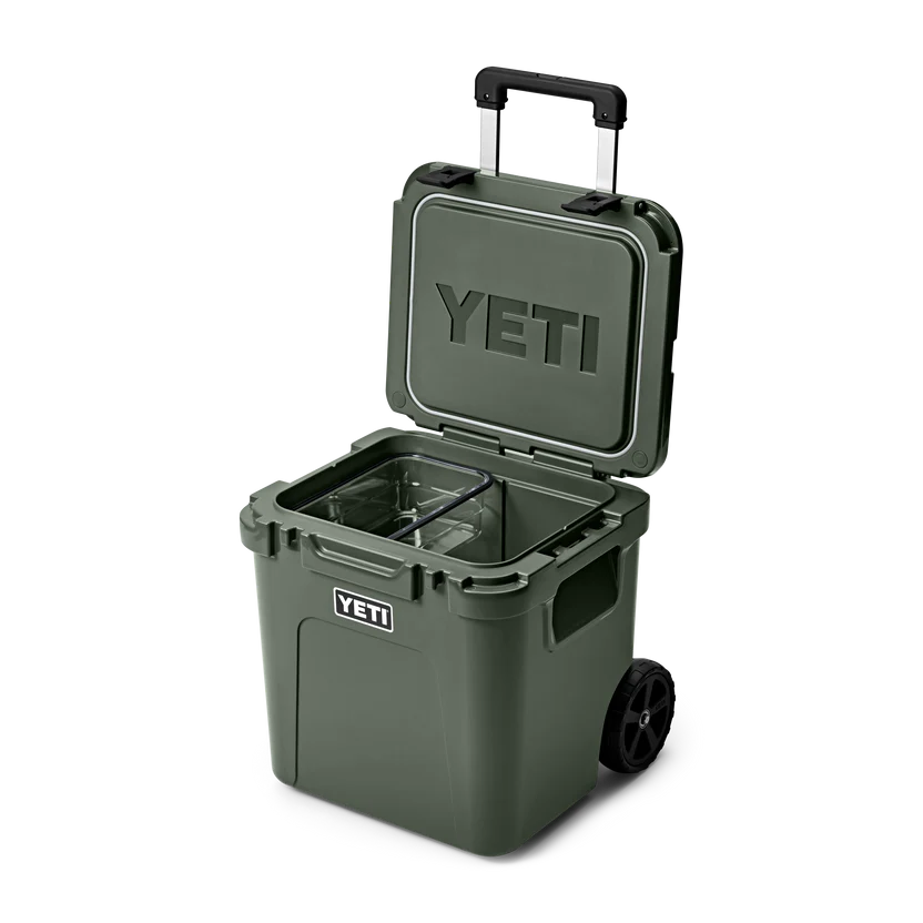 YETI Roadie 48 Wheeled Cool Box in Camp Green with lid open