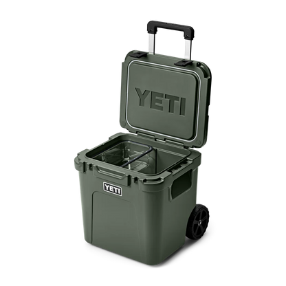 YETI Roadie 48 Wheeled Cool Box in Camp Green with lid open