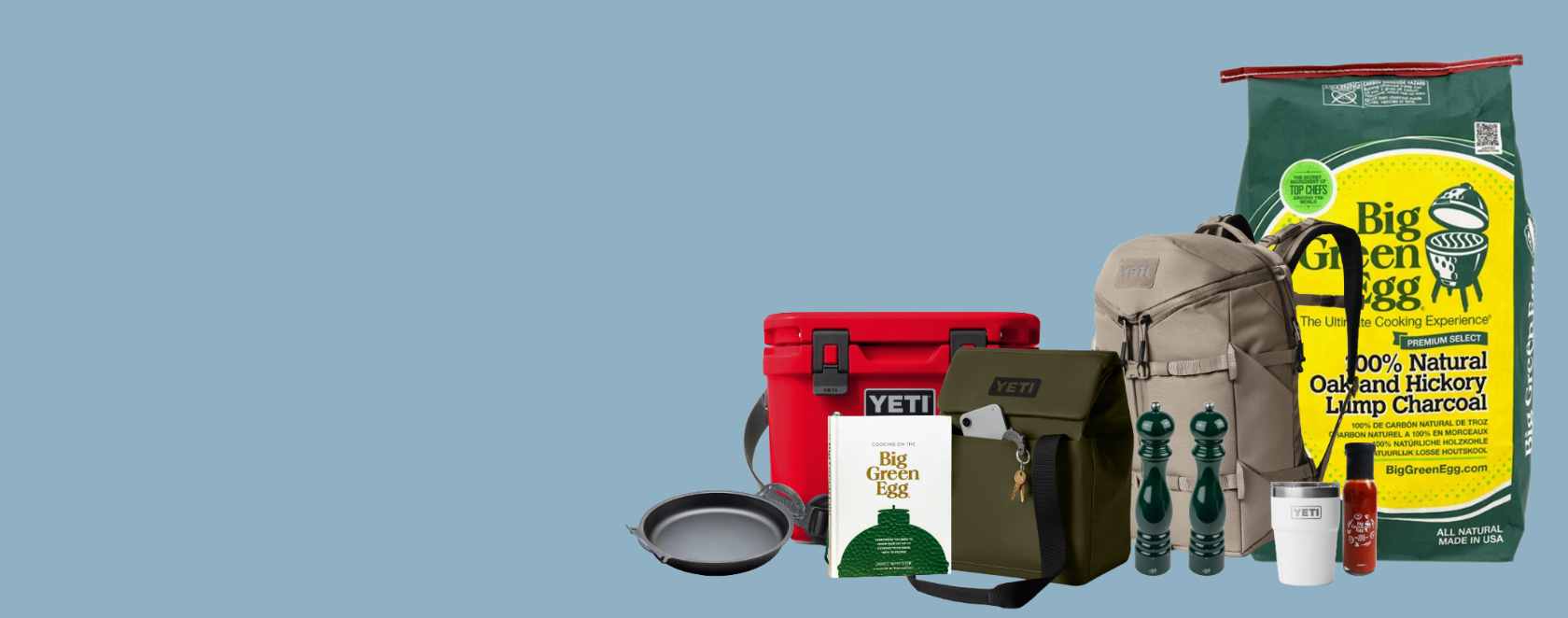 Collection of outdoor and camping supplies including a cooler, backpack, and charcoal on a blue background.