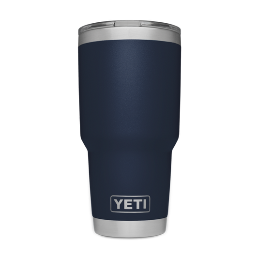 A blue YETI Rambler 30 oz Tumbler with a stainless steel rim and a logo on the front.