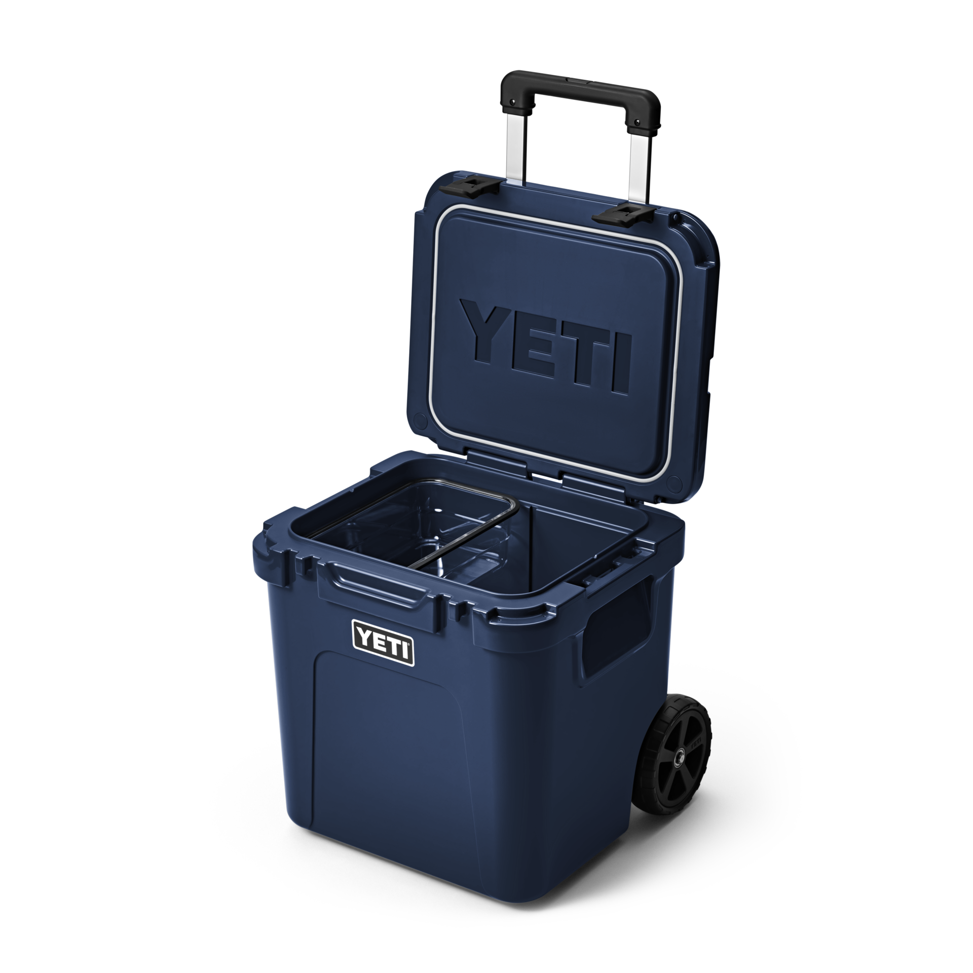 YETI Roadie 48 Wheeled Cool Box in navy with lid open