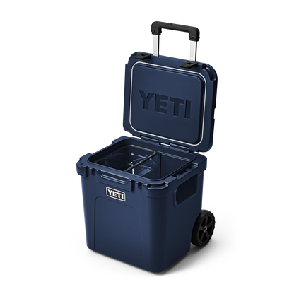 YETI Roadie 48 Wheeled Cool Box in navy with lid open