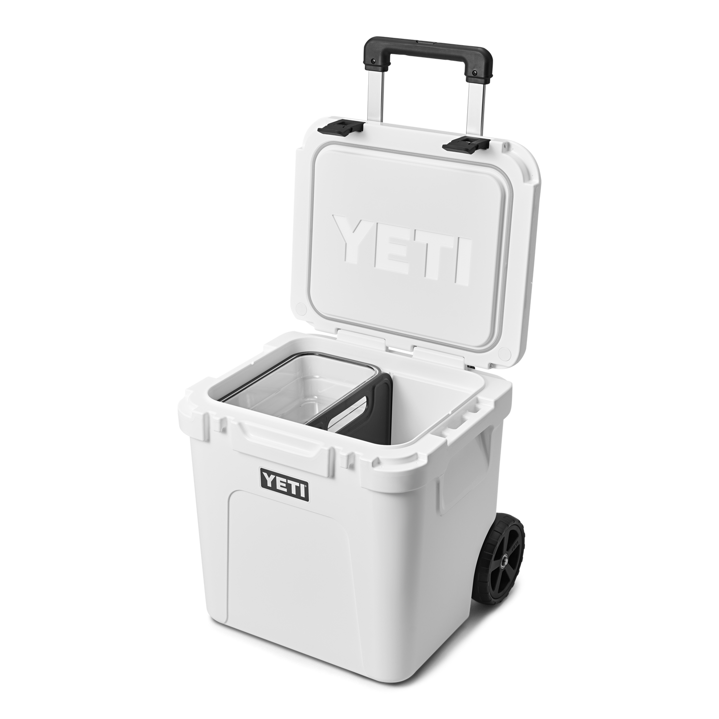 YETI Roadie 48 Wheeled Cool Box in white with lid up