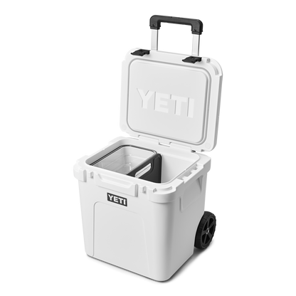 YETI Roadie 48 Wheeled Cool Box in white with lid up