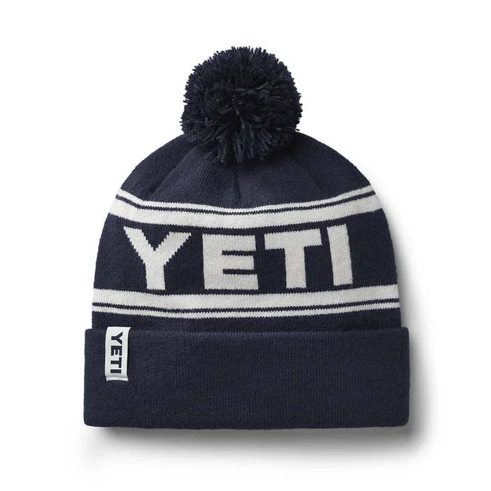 yeti retro beanie bobble hat in blue and white